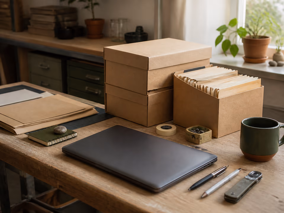 Outils, dossiers et ordinateur organisés sur une table de travail